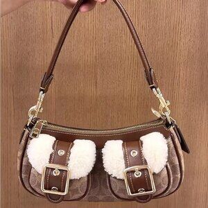 Coach Brown and Cream Shoulder Bag with Gold Accents